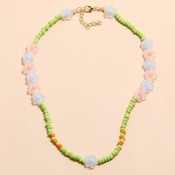 

Flower Decor Beaded Necklace, Green