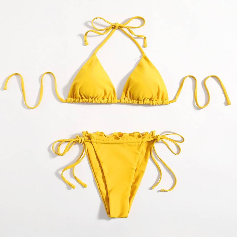 

Solid Lettuce Trim Bikini Swimsuit, Yellow