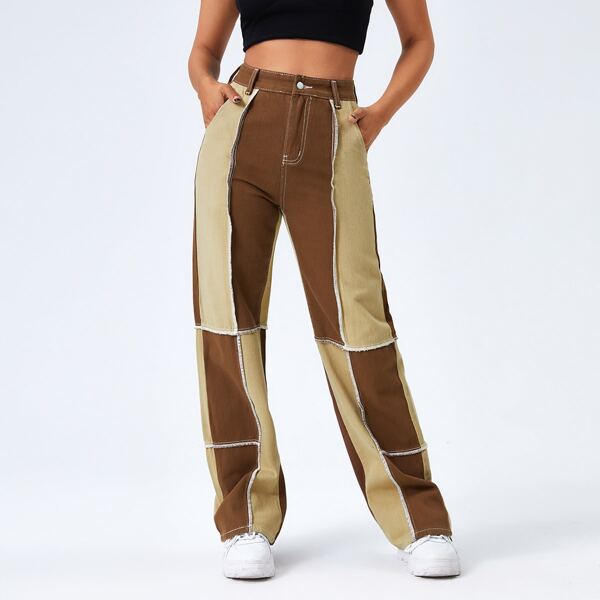 

High Waist Color Block Wide Jeans, Multicolor