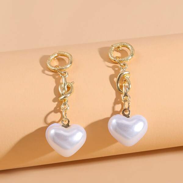 

Faux Pearl Heart Drop Earrings, Gold