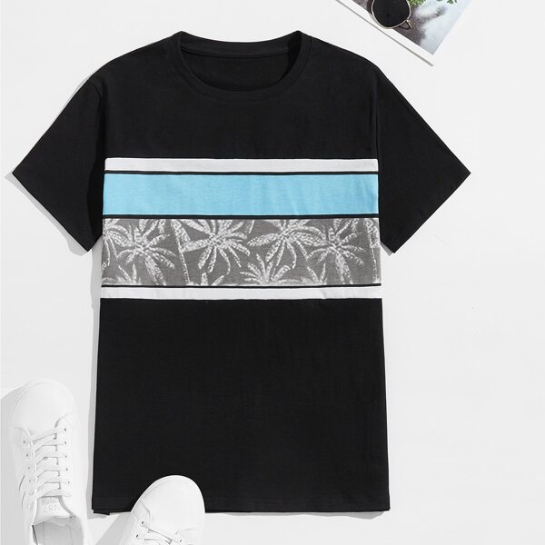 

Men Tropical Print Crew Neck Tee, Black
