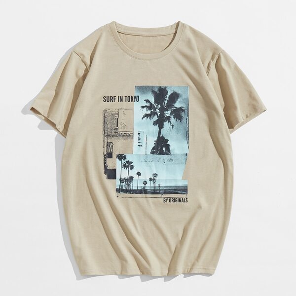 

Men Slogan And Tropical Print Tee, Khaki