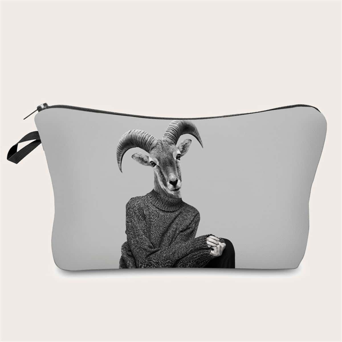 

Goat Pattern Zipper Makeup Bag, Dark grey