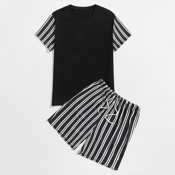 

Men Striped Tee & Drawstring Waist Shorts, Black and white