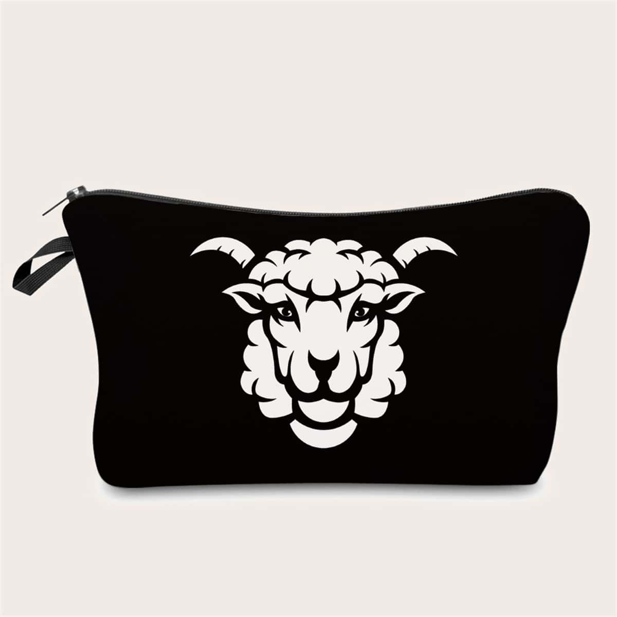

Goat Pattern Zipper Makeup Bag, Black and white