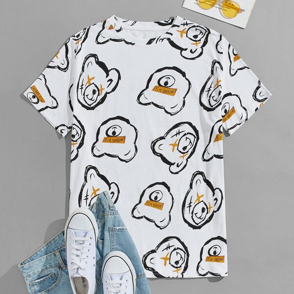 

Men Cartoon & Letter Graphic Tee, White