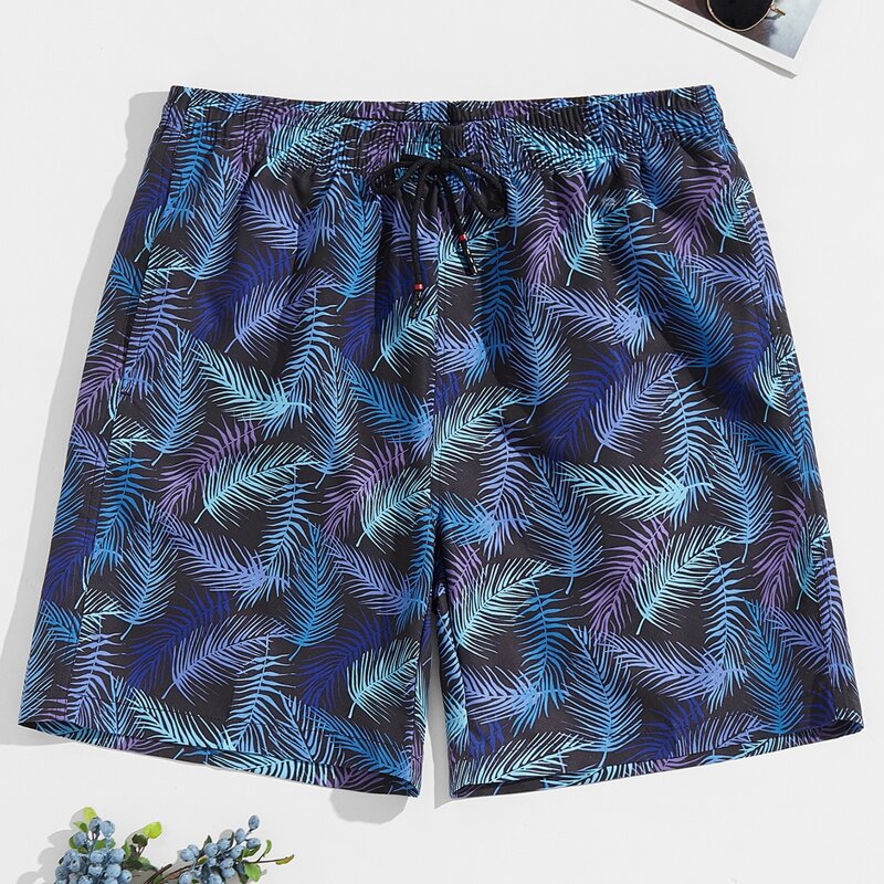 

Guys Random Tropical Print Drawstring Swim Trunks, Multicolor
