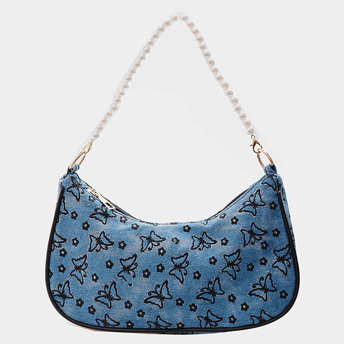 

Faux Pearl Strap Butterfly Baguette Bag, Blue