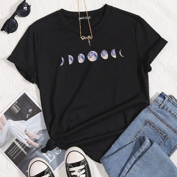 

Moon Print Round Neck Tee, Black
