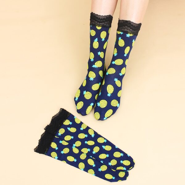 

2pairs Pineapple Print Crew Socks, Multicolor