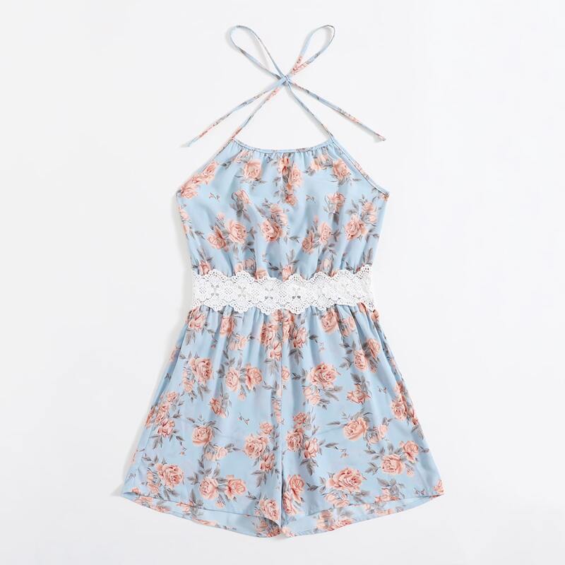 

Floral Print Contrast Lace Romper, Baby blue