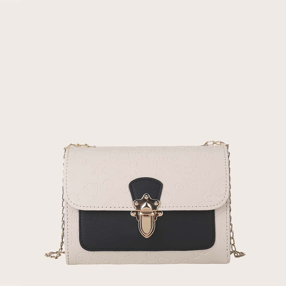 

Colorblock Chain Shoulder Bag, Black and white