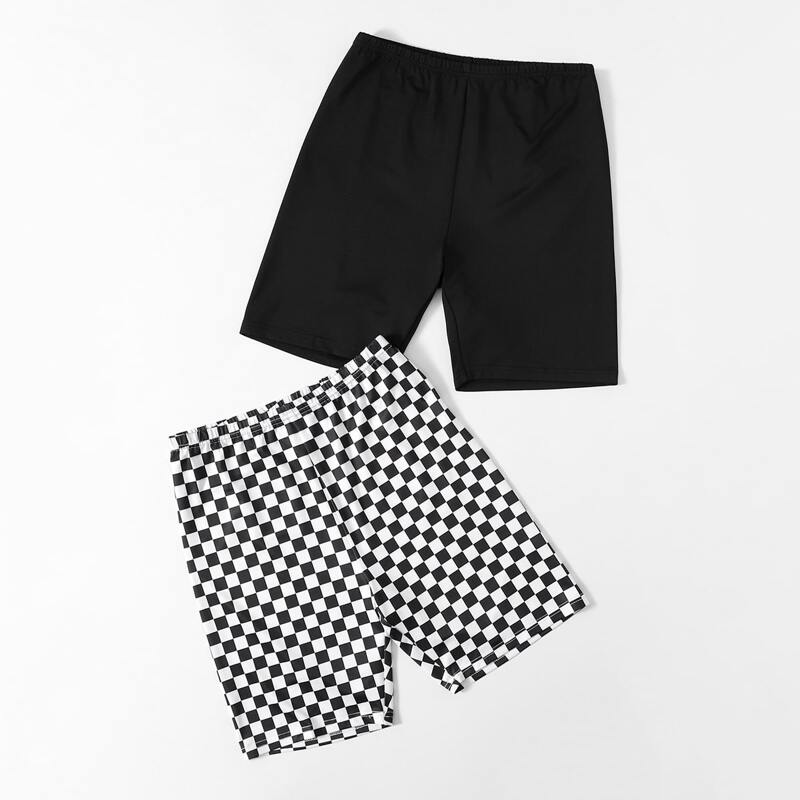 

1pc Solid Biker Shorts & 1pc Checkerboard Biker Shorts, Black and white
