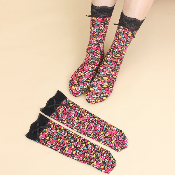 

2pairs Flower Print Crew Socks, Multicolor