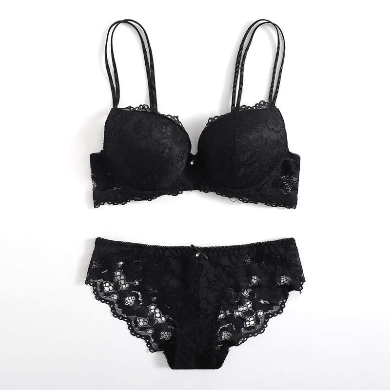 

Scallop Trim Lace Lingerie Set, Black