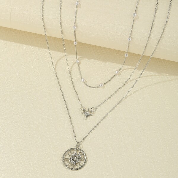 

3pcs Faux Pearl Decor Necklace, Silver