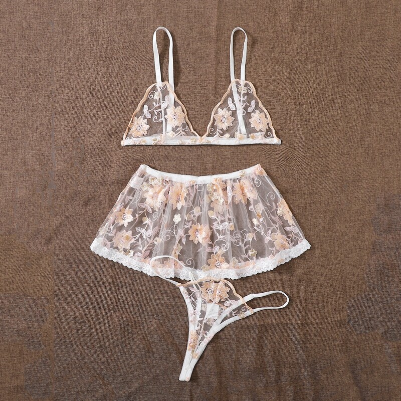 

3pack Floral Embroidered Mesh Lingerie Set, Gold