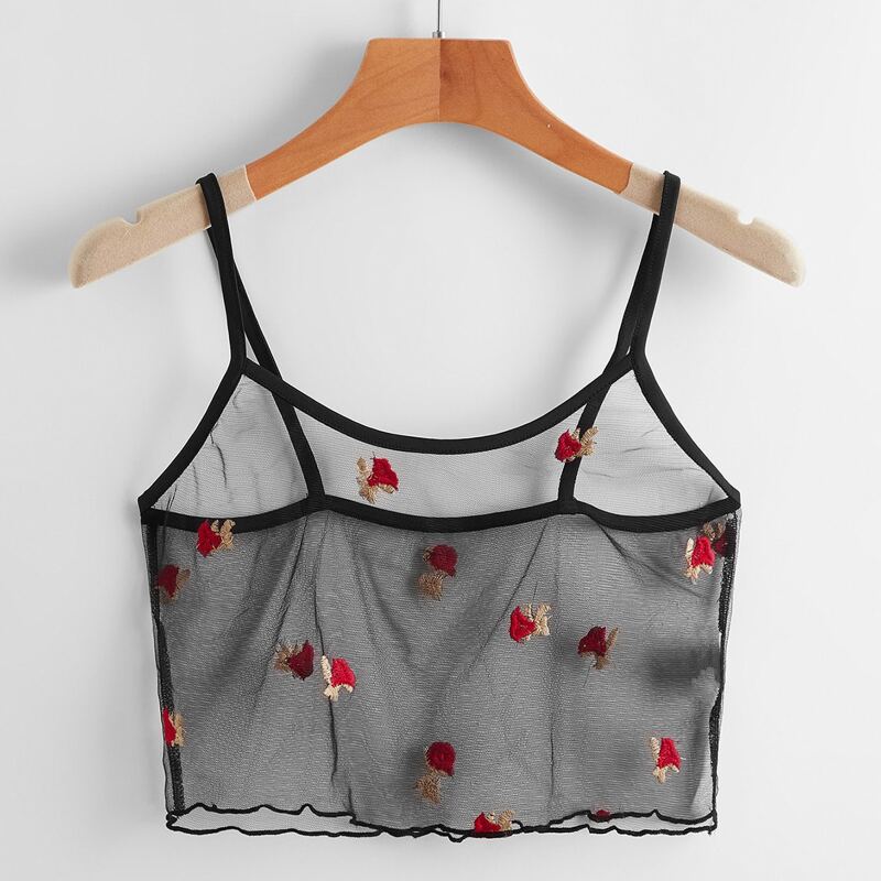 

Floral Embroidery Mesh Crop Cami, Black