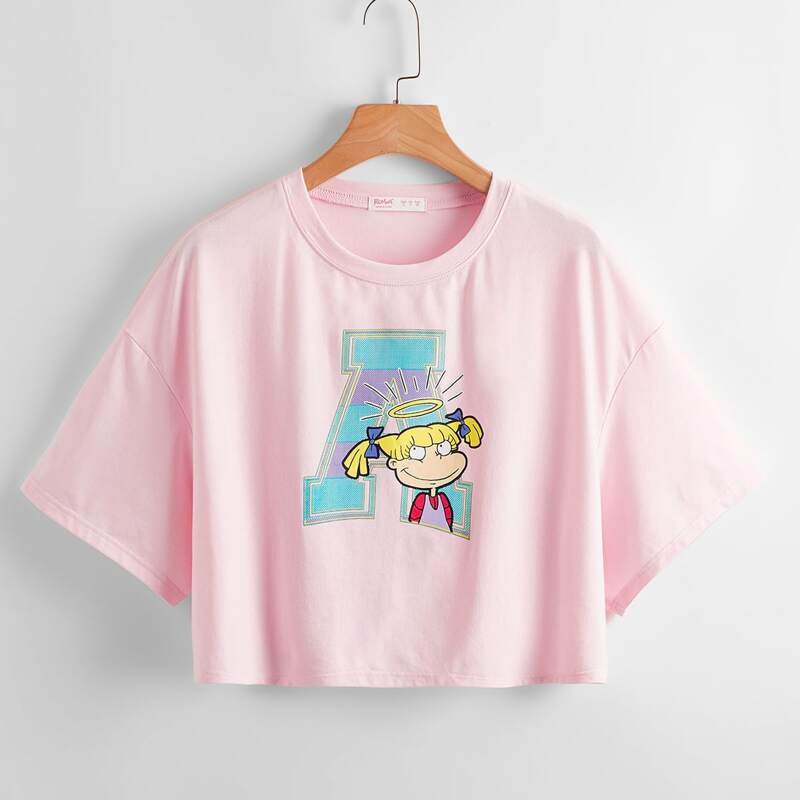 

Cartoon Graphic Crop Tee, Baby pink