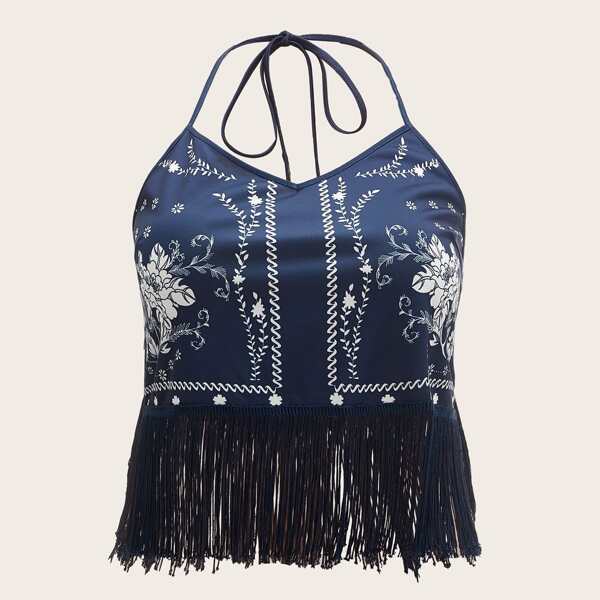

Plus Floral Print Fringe Hem Halter Top, Navy blue