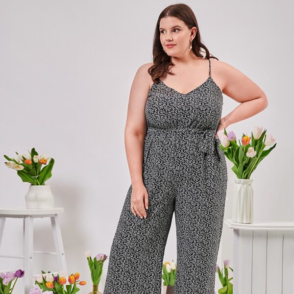 

Plus Belted Allover Plants Cami Jumpsuit, Black and white
