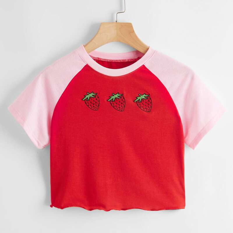 

Strawberry Embroidery Colorblock Crop Tee, Multicolor