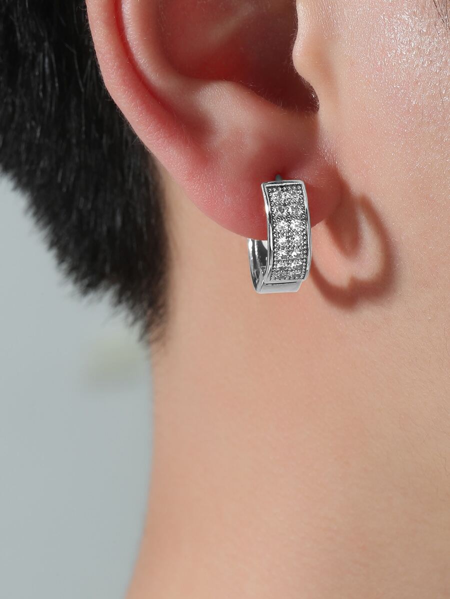 時尚流行男士方晶鋯石裝飾圈形耳環銅質適合派對和時尚外觀 - 銀色 - 查看 1