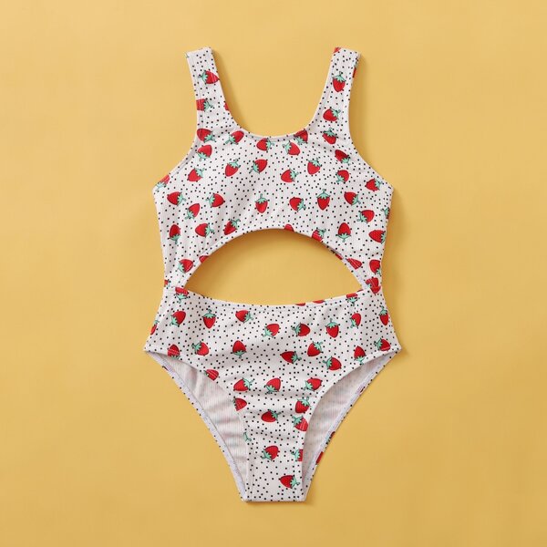 

Girls Random Strawberry & Polka Dot One Piece Swimsuit, Multicolor