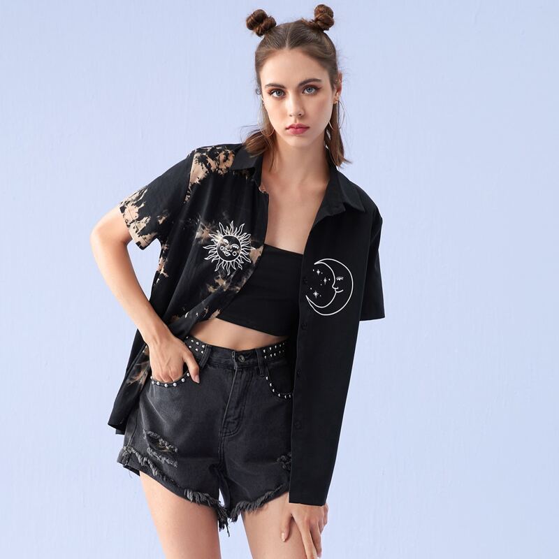 

Sun & Moon Graphic Contrast Tie Dye Blouse, Multicolor