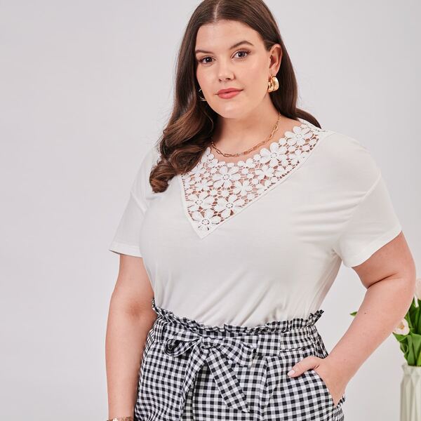 

Plus Drop Shoulder Guipure Lace Yoke Top, White