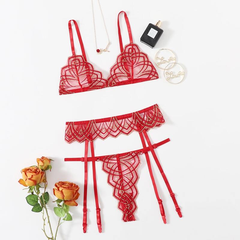 

Embroidery Mesh Garter Lingerie Set, Red