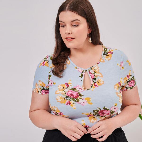 

Plus Keyhole Neck Floral Print Tee, Multicolor