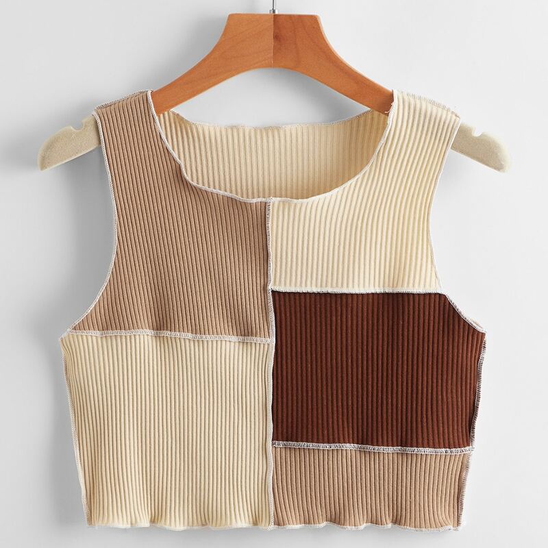 

Stitching Trim Colorblock Ribbed Tank Top, Multicolor