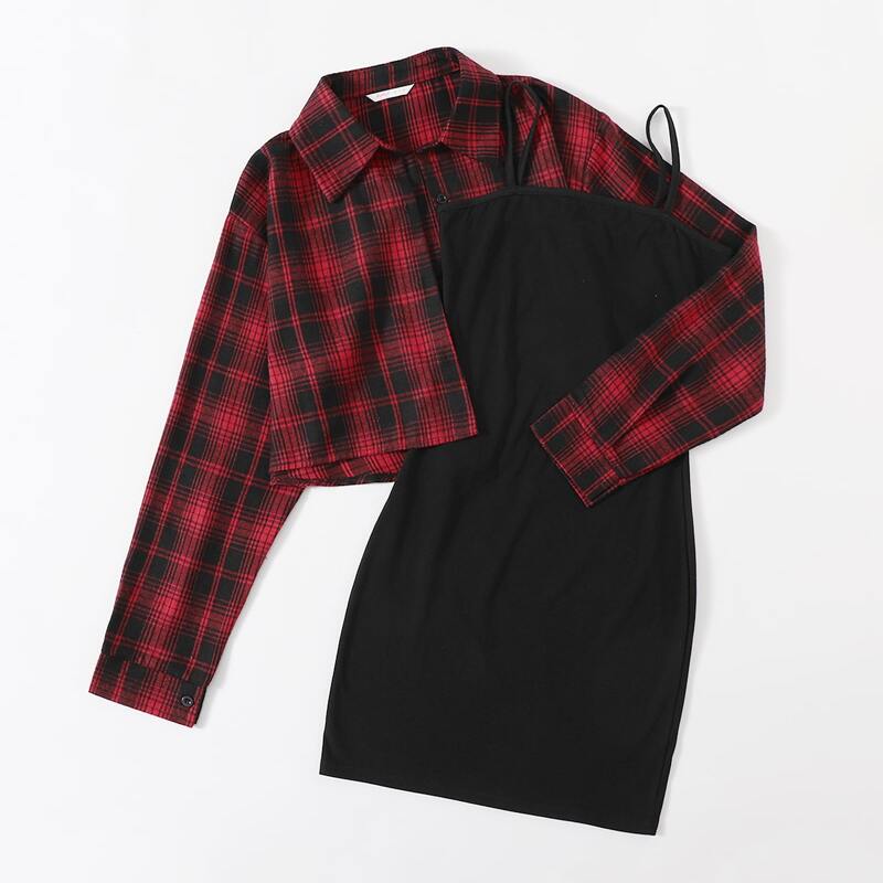 

Solid Cami Dress & Plaid Button Front Blouse, Multicolor