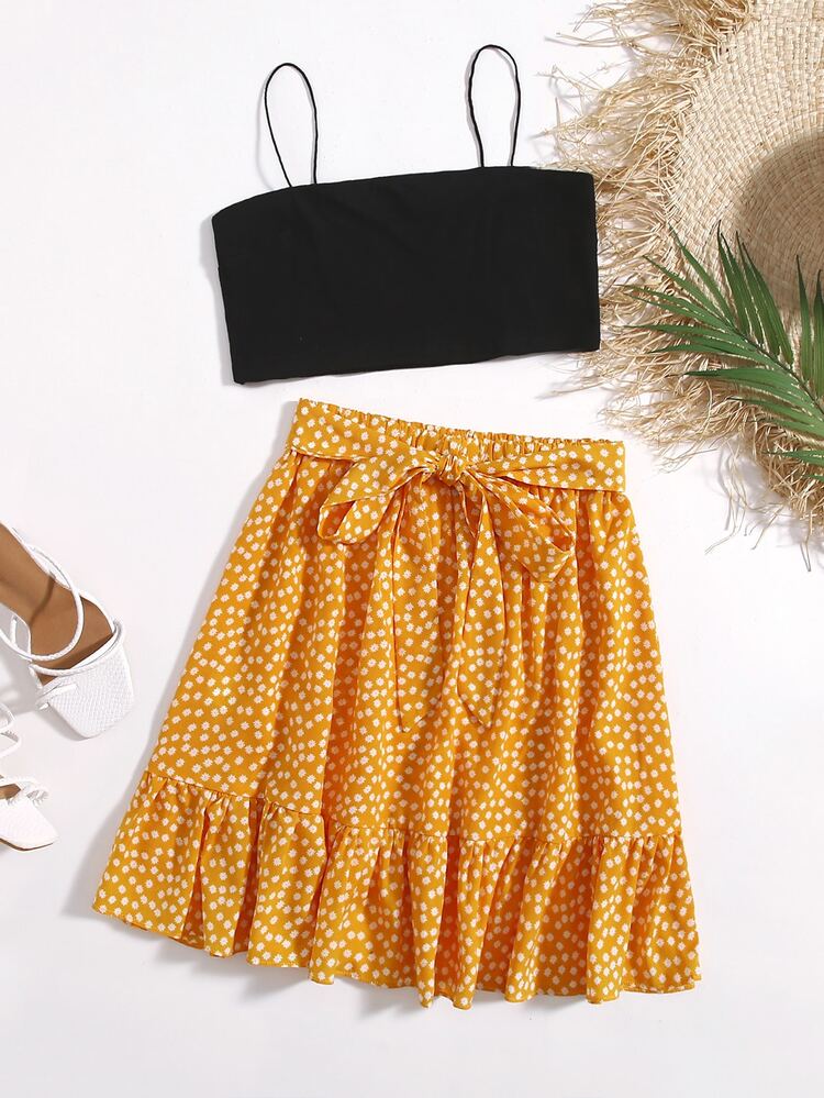 Crop Cami Top & Ditsy Floral Belted Skirt - Multicolor - View 1
