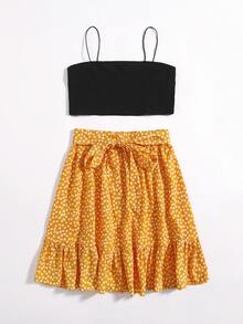 Crop Cami Top & Ditsy Floral Belted Skirt - Multicolor - View 3