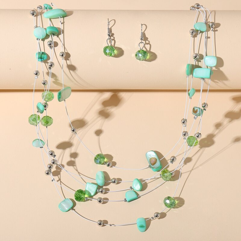 

Crystal Decor Layered Necklace & 1pair Drop Earrings, Green