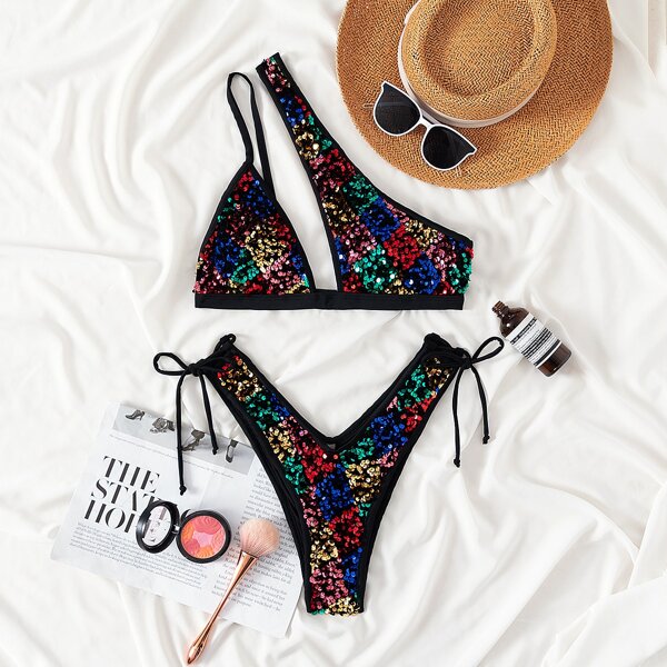 

Sequin Cut Out One Shoulder Bikini Swimsuit, Multicolor