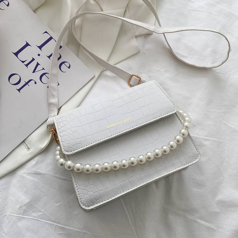 

Faux Pearl Croc Embossed Satchel Bag, White