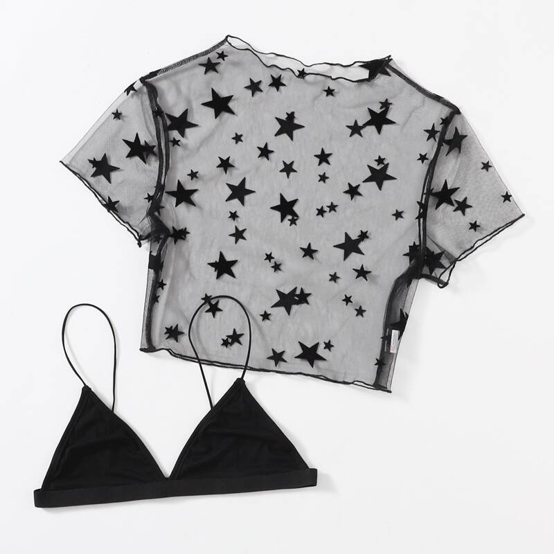 

Solid Crop Cami & Star Print Mesh Top, Black