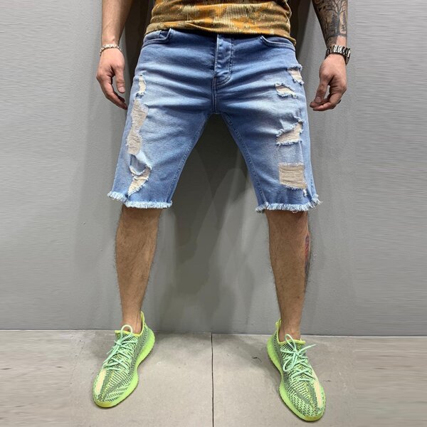 

Men Ripped Raw Hem Denim Shorts, Light wash