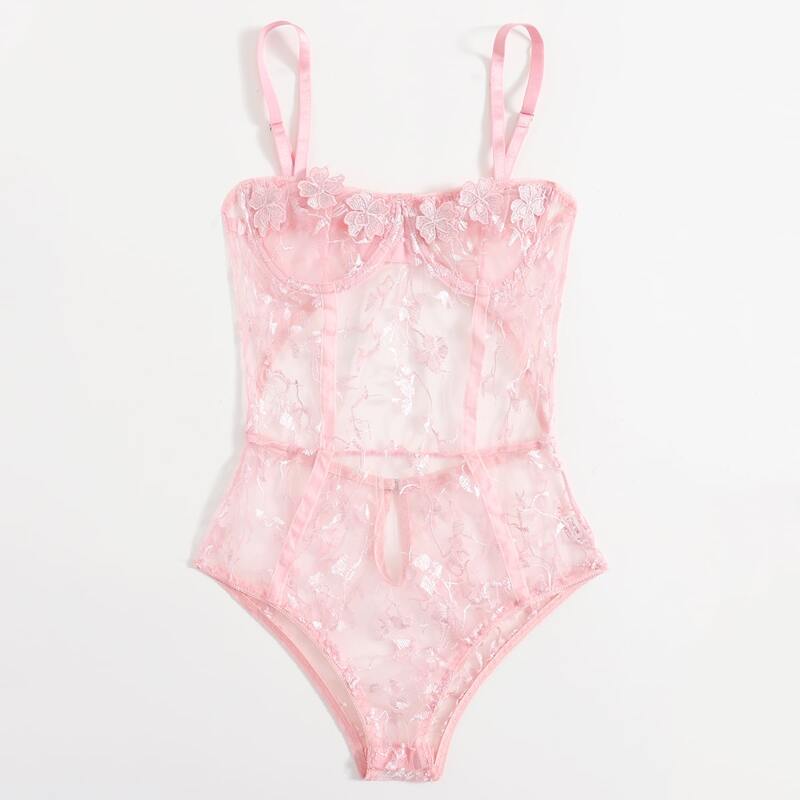 

Floral Applique Teddy Bodysuit, Pink