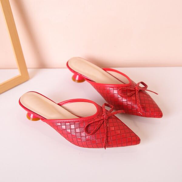 

Bow Decor Braided Embossed Pyramid Heeled Mules, Red