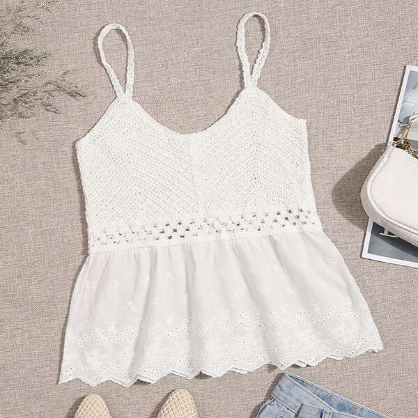 

Eyelet Embroidery Ruffle Hem Cover Up Top, White