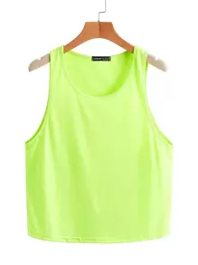 Neon Lime Scoop Neck Curved Hem Tank Top - Green - View 1