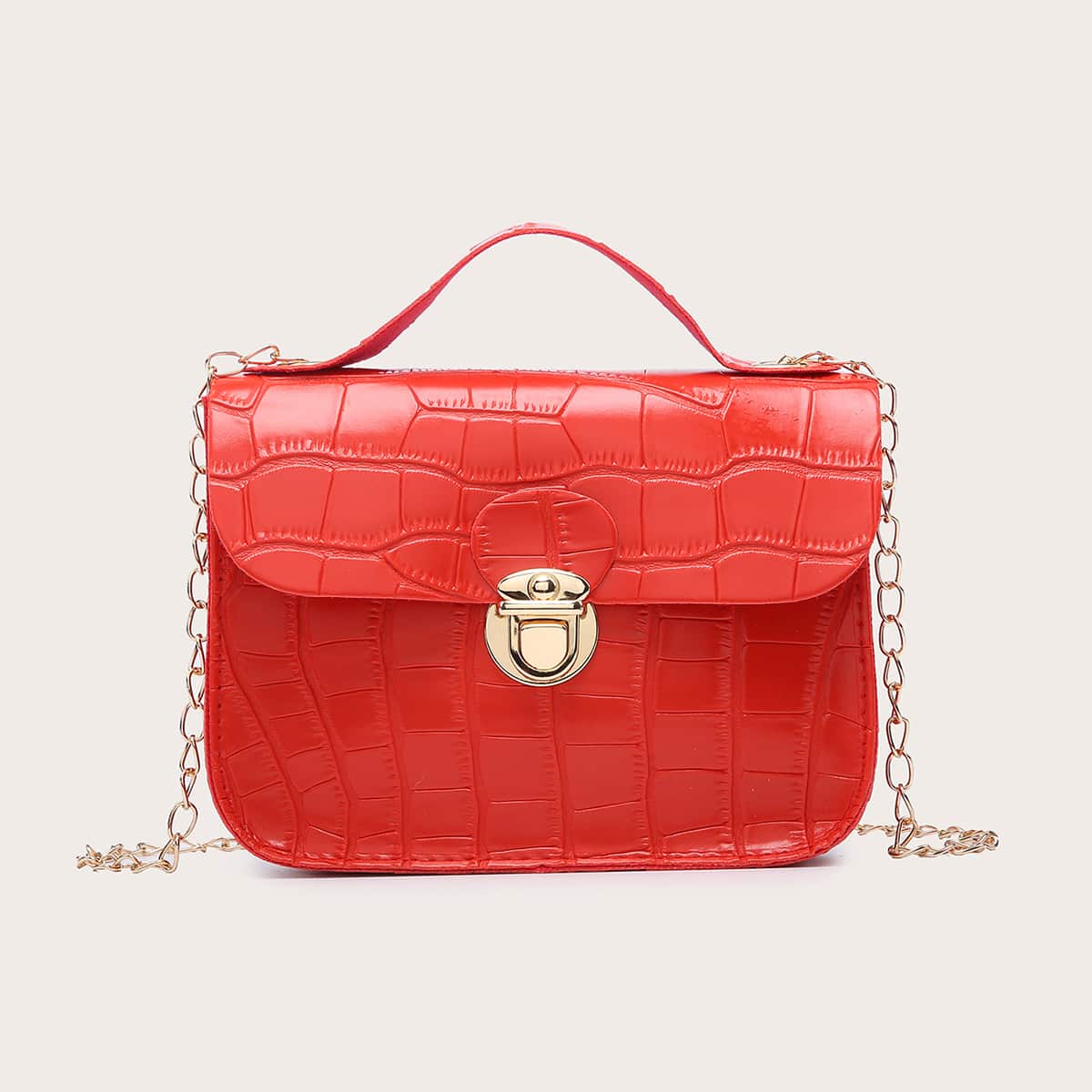 

Croc Embossed Chain Satchel Bag, Red