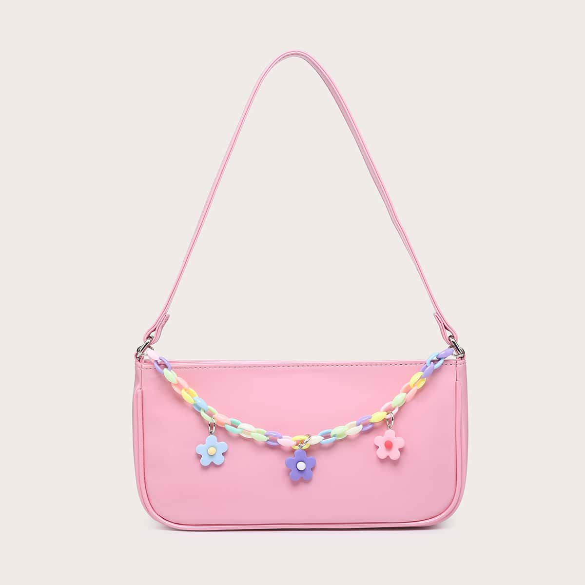 

Floral Chain Baguette Bag, Baby pink
