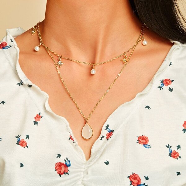 

Water-drop Charm Layered Necklace, Gold
