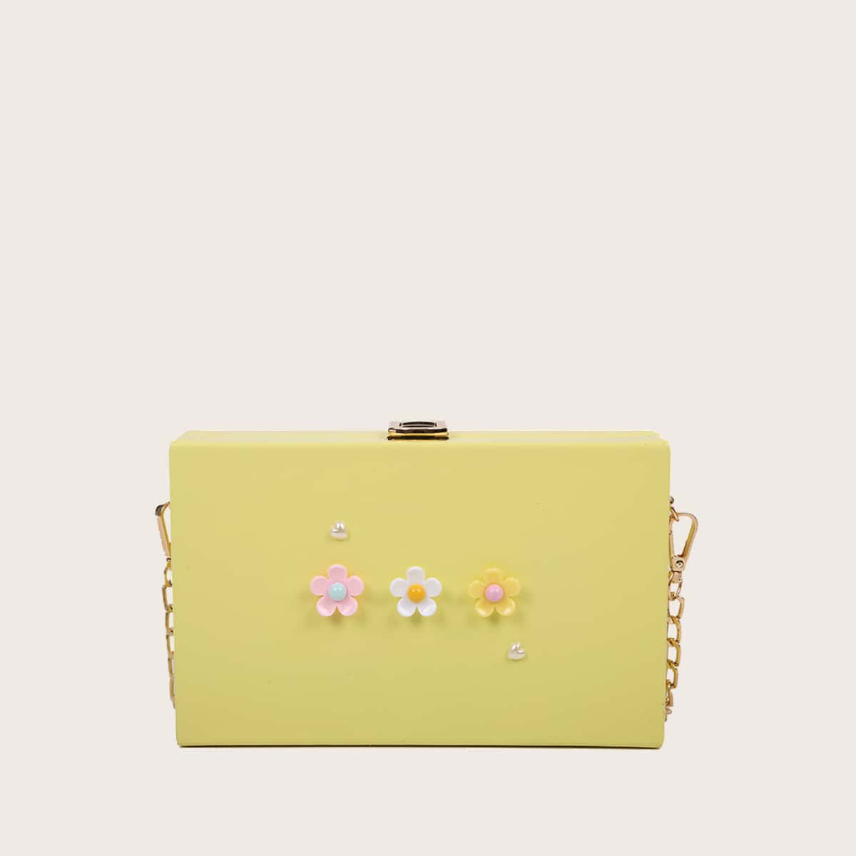 

Floral Chain Box Bag, Yellow