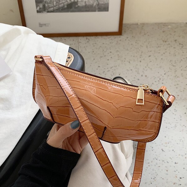 

Croc Embossed Ruched Shoulder Bag, Brown